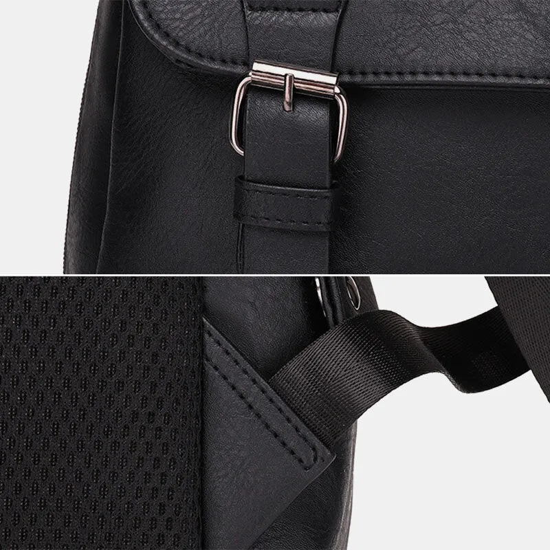 Men Casual Travel Multi-pocket Large Capacity Backpack Solid Retro Wear-resistant Waterproof PU Soft Leather 14 Inch Laptop Bag