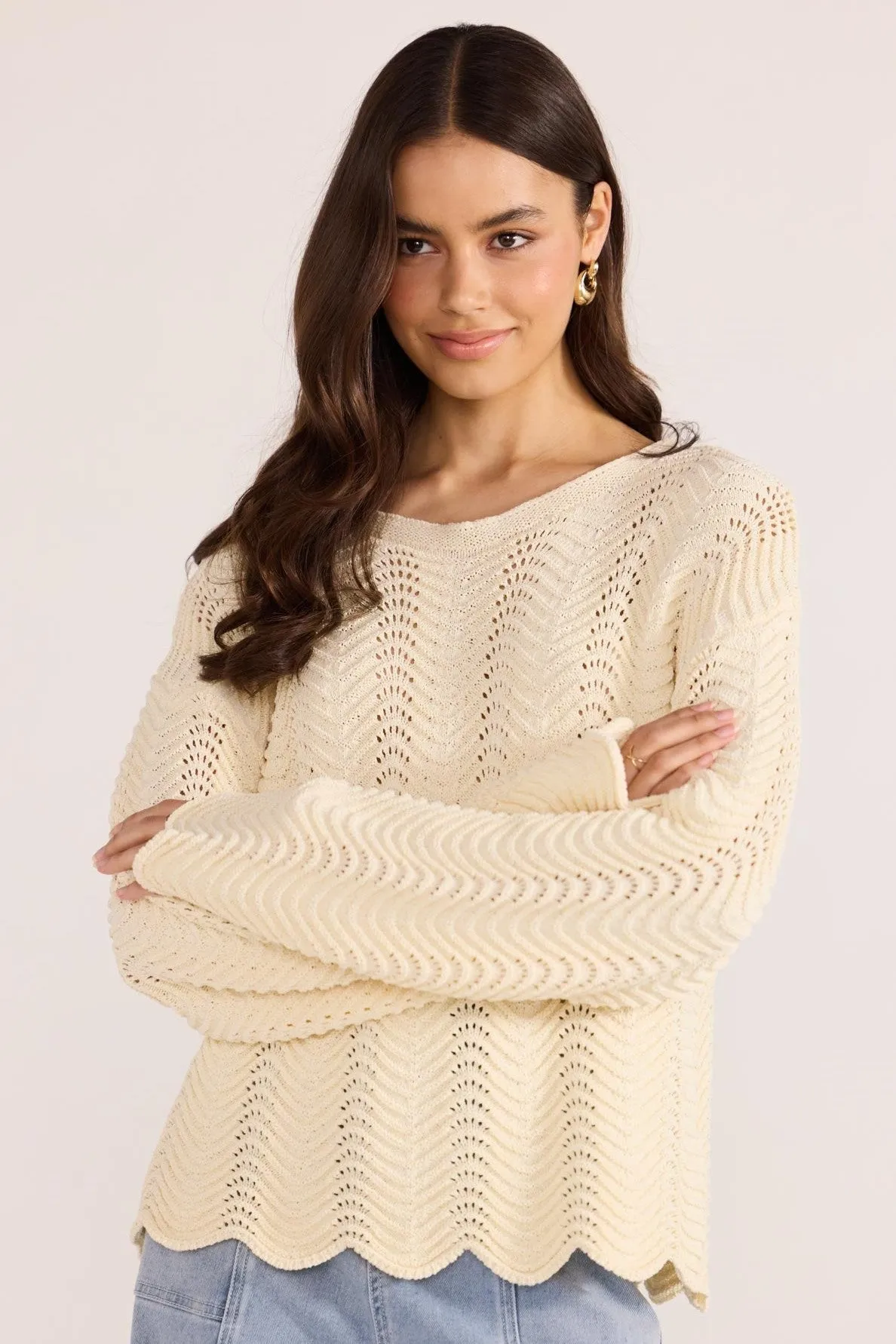 Minkpink Brooke Crochet Wave Sweater Cream