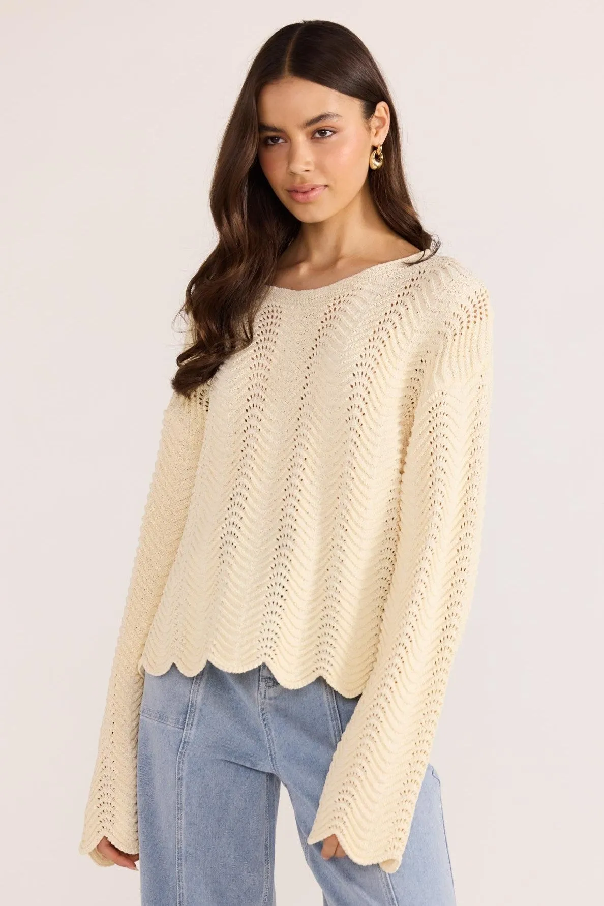 Minkpink Brooke Crochet Wave Sweater Cream