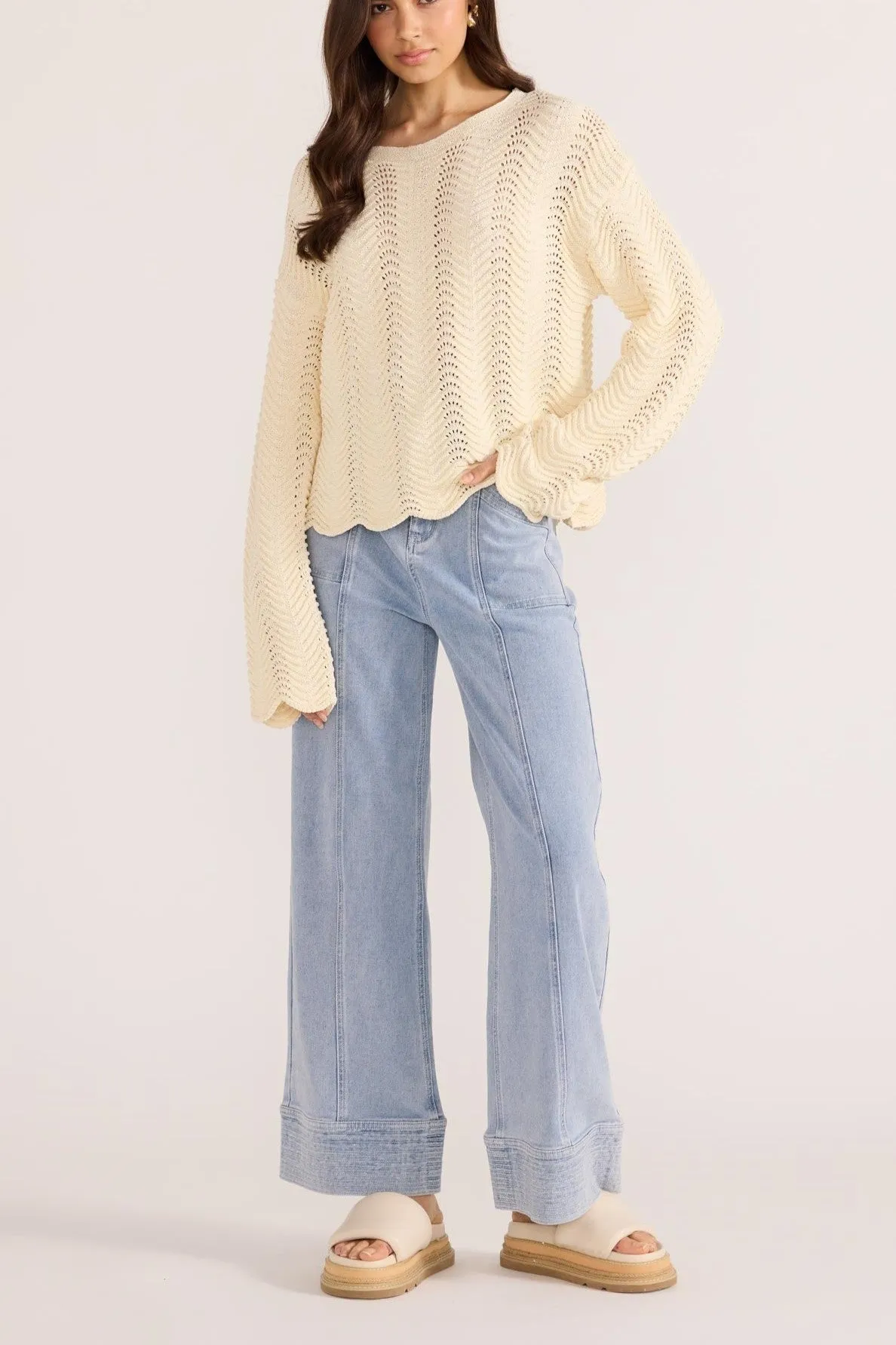 Minkpink Brooke Crochet Wave Sweater Cream