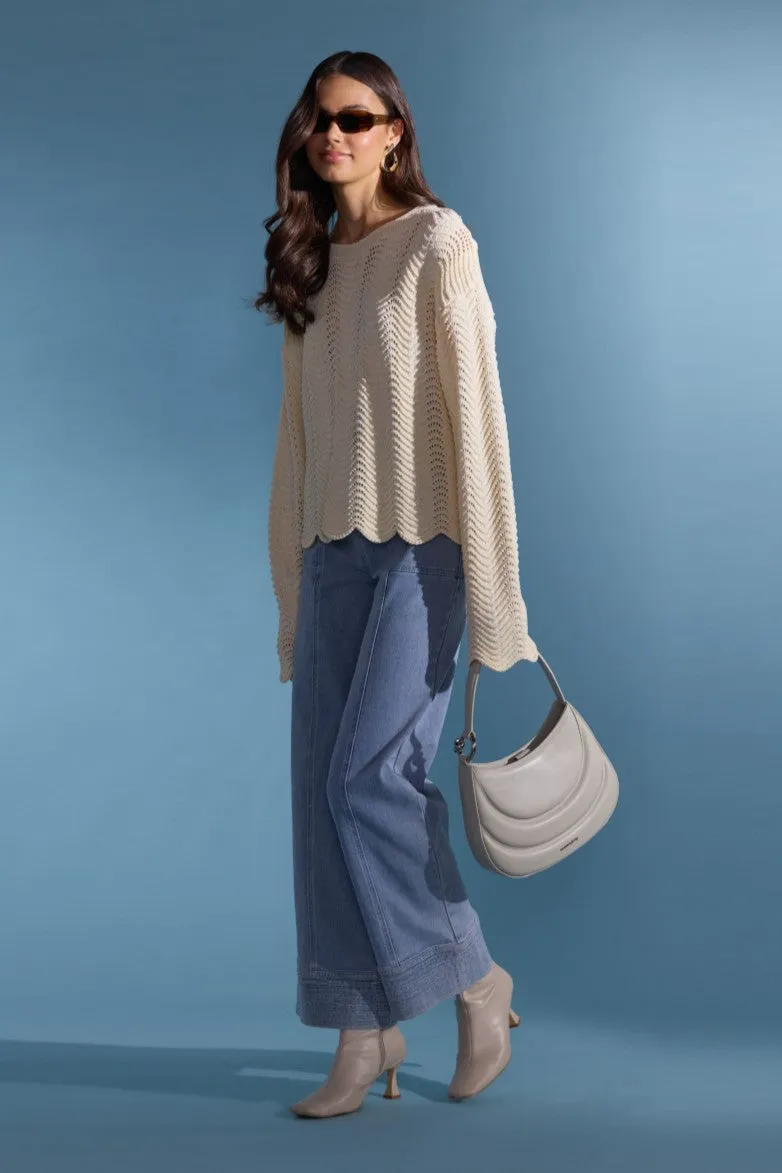 Minkpink Brooke Crochet Wave Sweater Cream