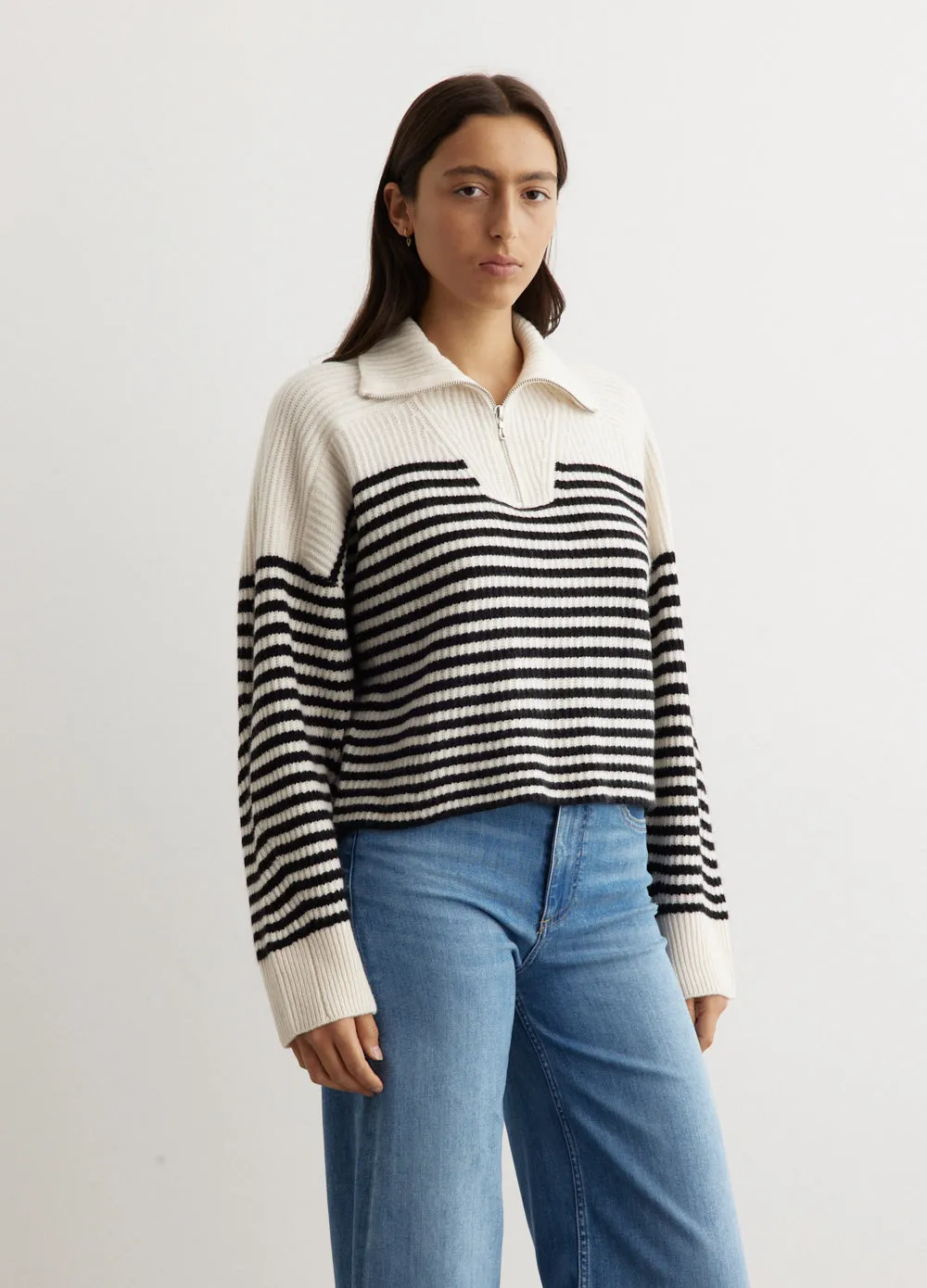 Pierce Stripe Cashmere Boxy Half Zip
