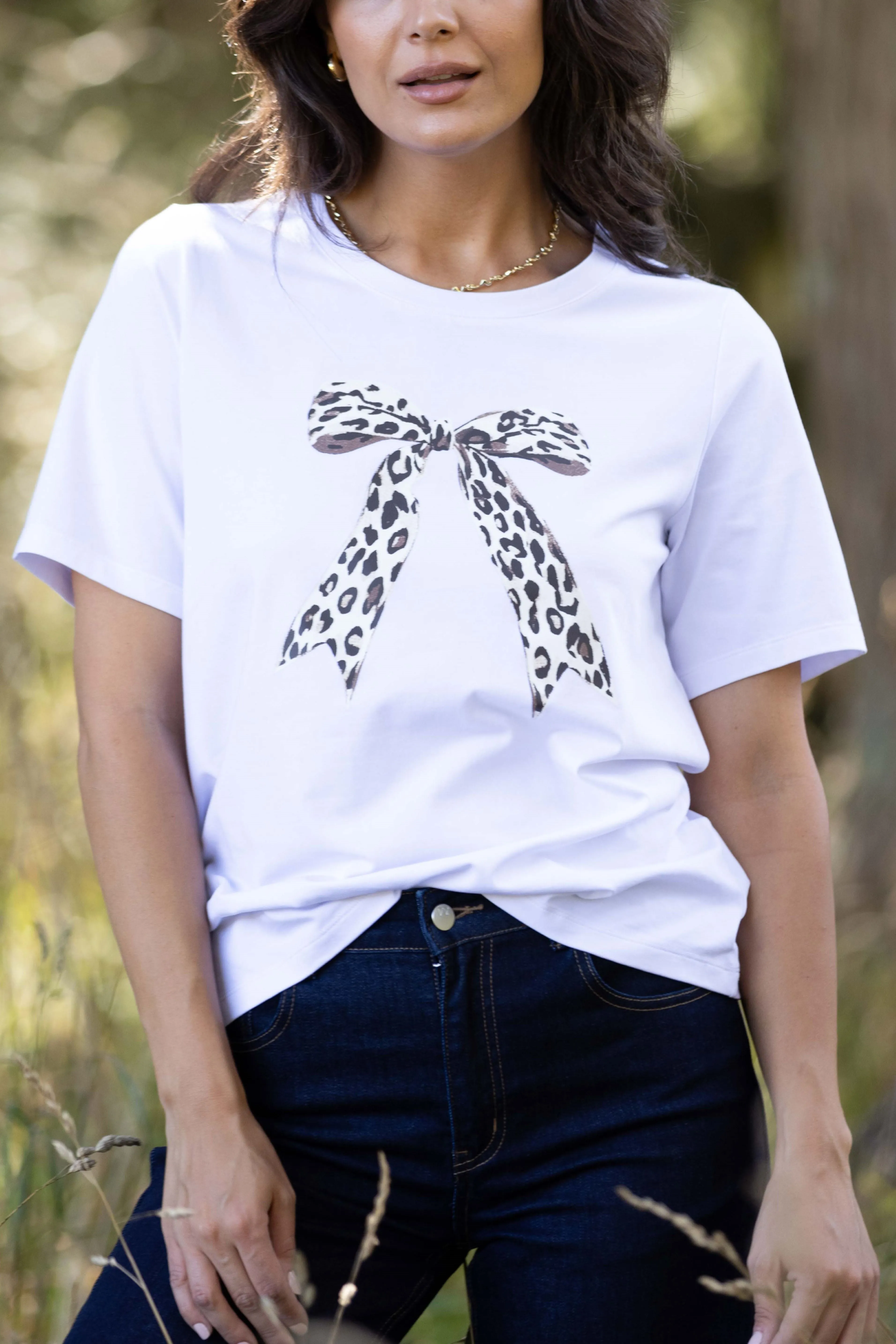 Shine On Label Animal Print Bow Tee White