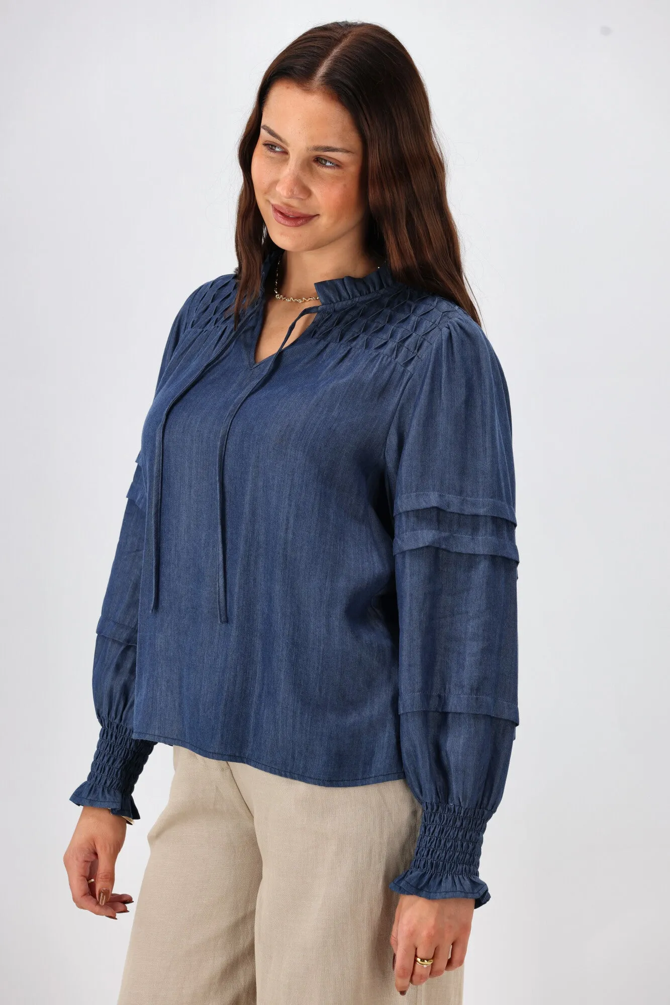 Shine On Label Elaina Chambray Tie Detail Top Indigo