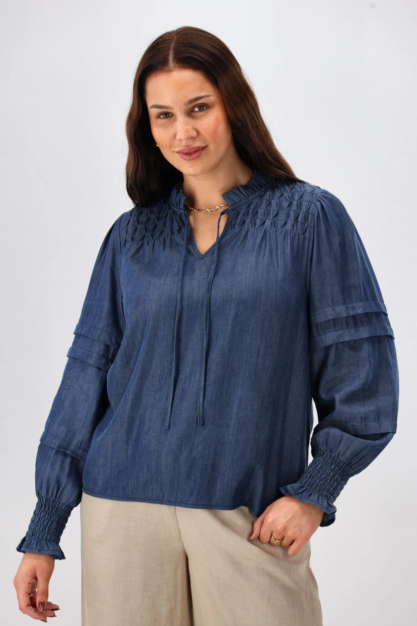 Shine On Label Elaina Chambray Tie Detail Top Indigo