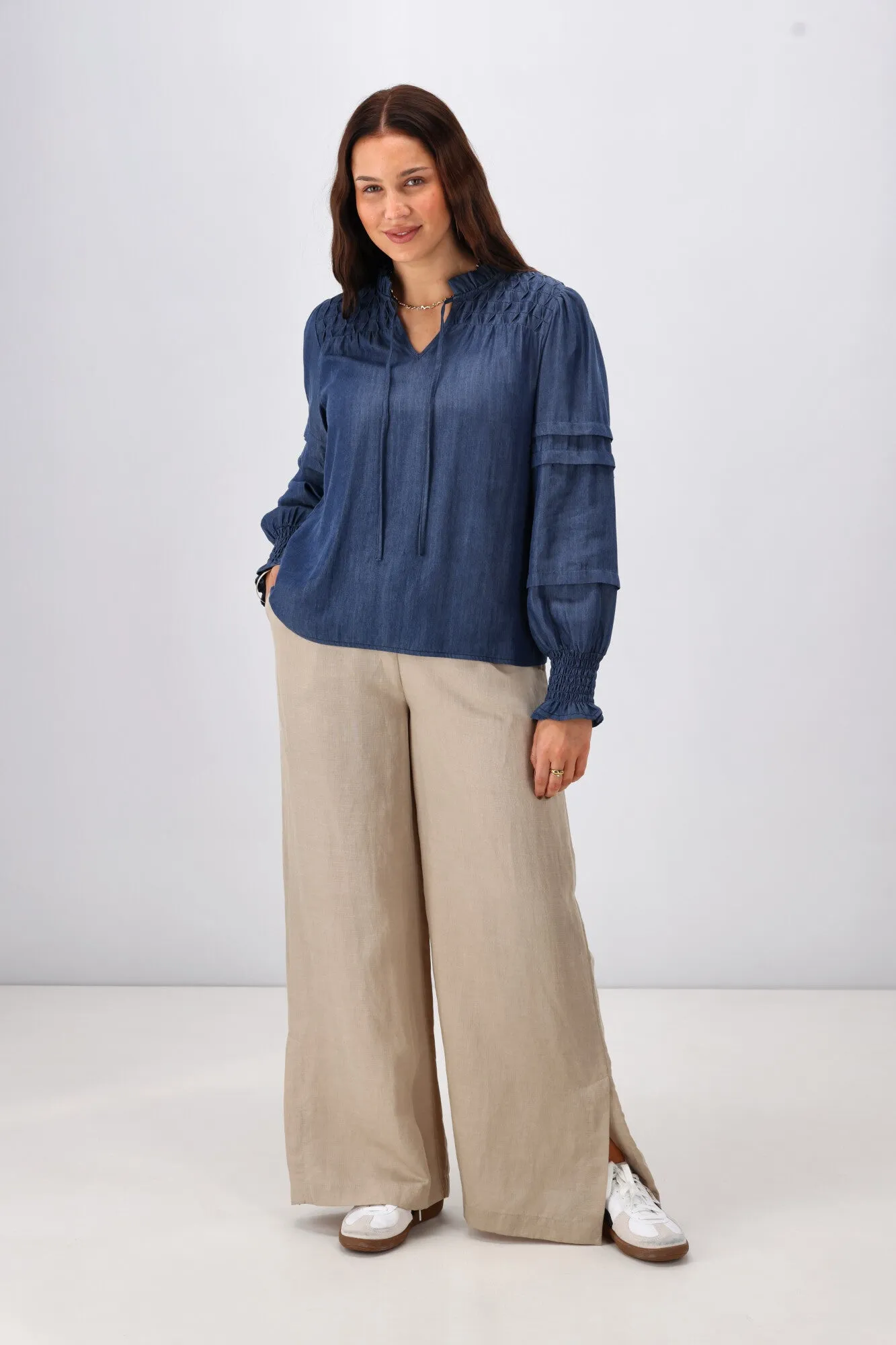 Shine On Label Elaina Chambray Tie Detail Top Indigo