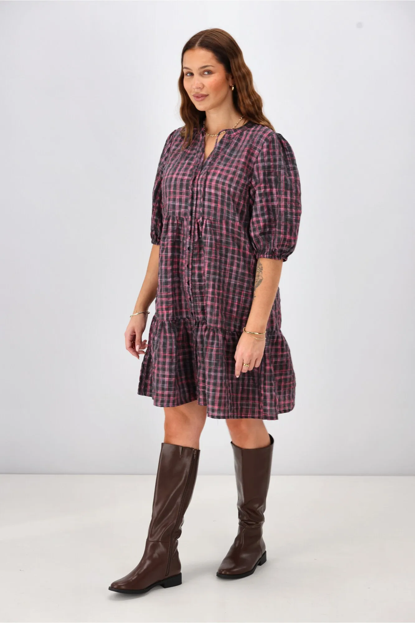 Shine On Label Evangeline Puff Sleeve Dress Black Check