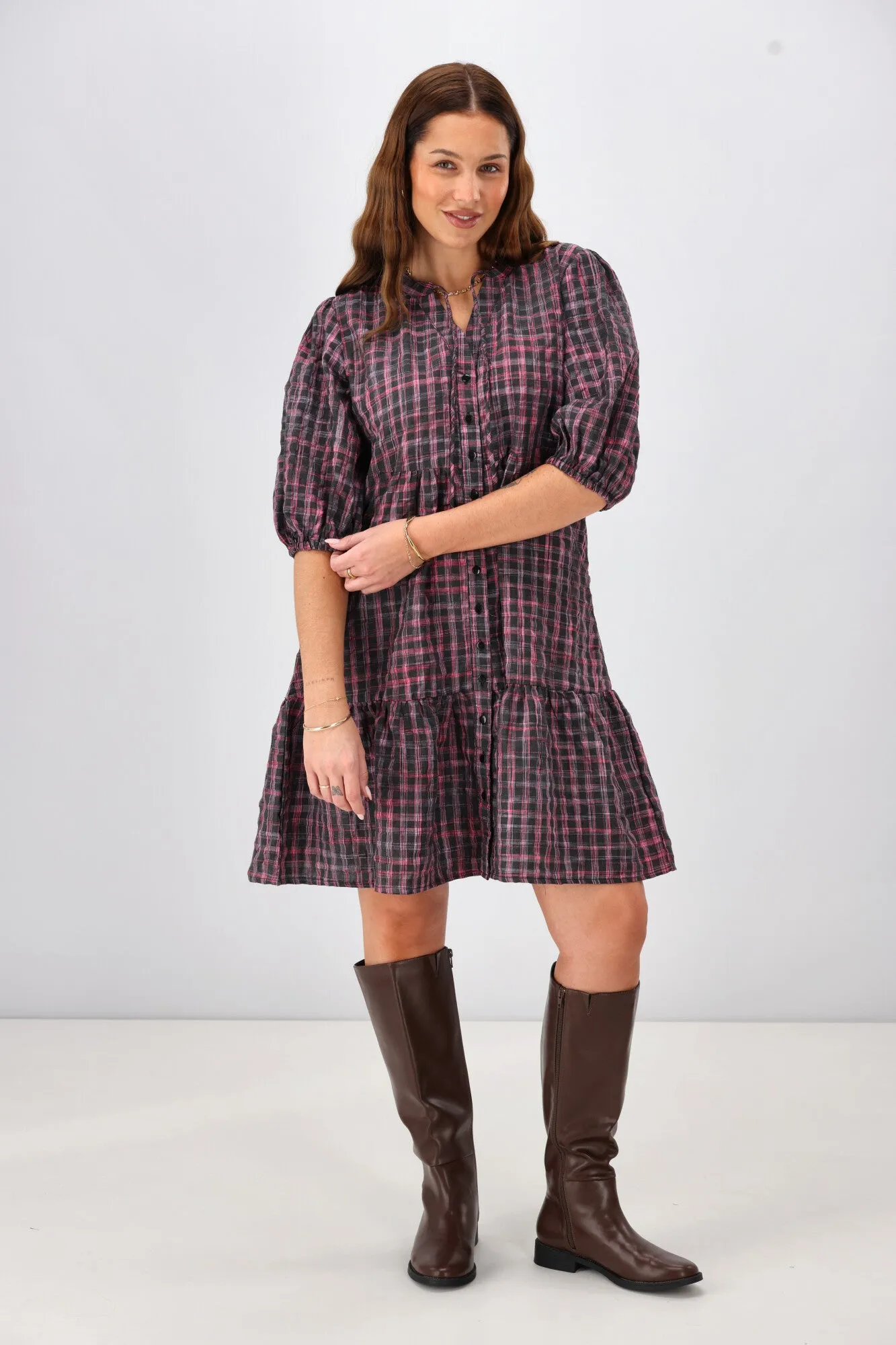 Shine On Label Evangeline Puff Sleeve Dress Black Check