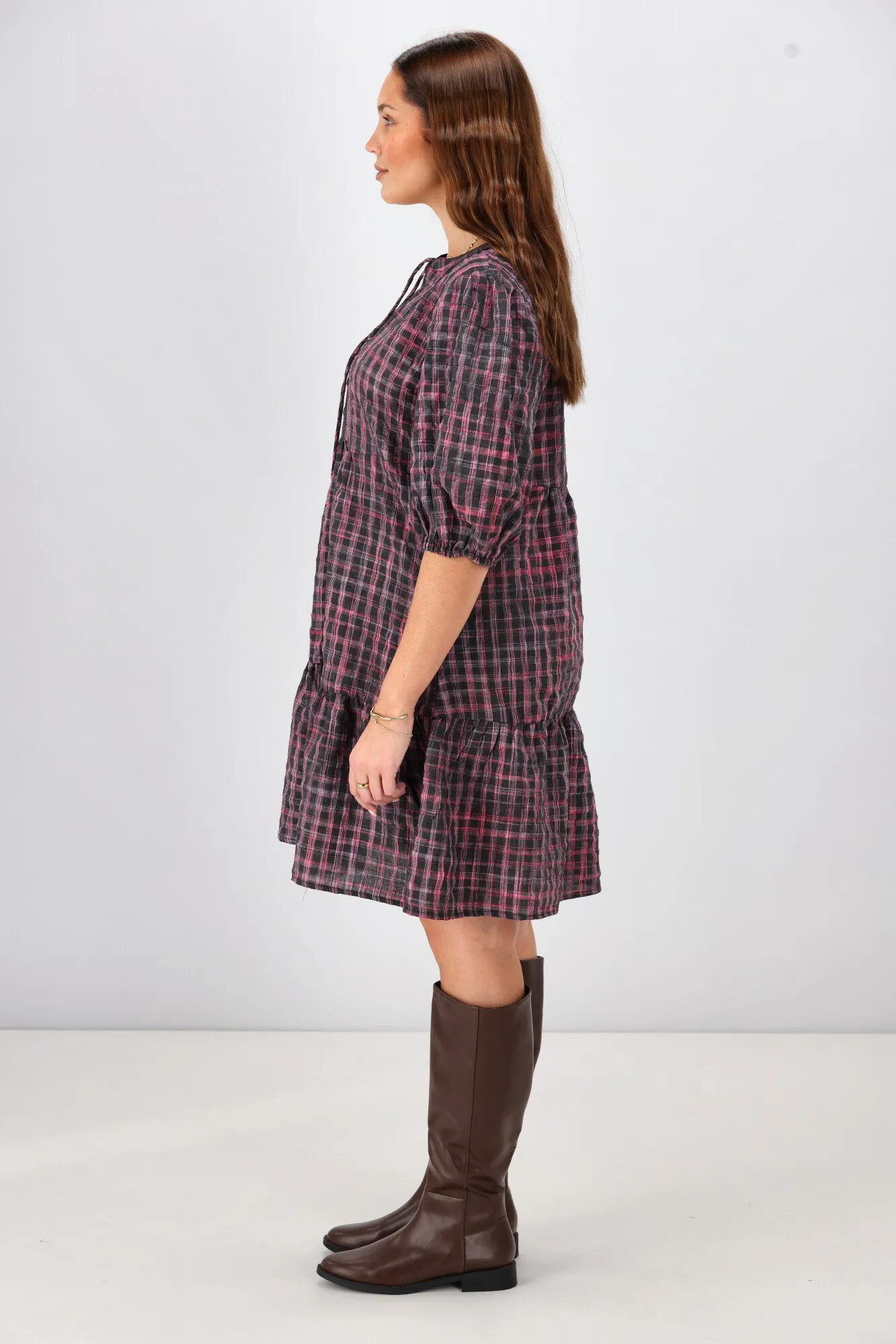 Shine On Label Evangeline Puff Sleeve Dress Black Check