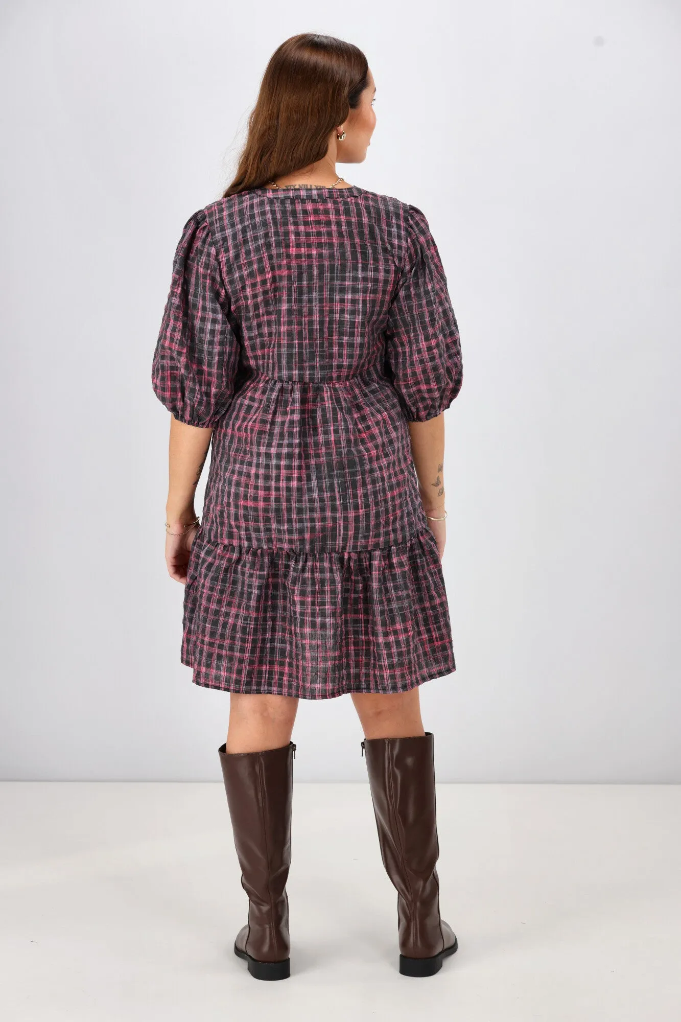 Shine On Label Evangeline Puff Sleeve Dress Black Check