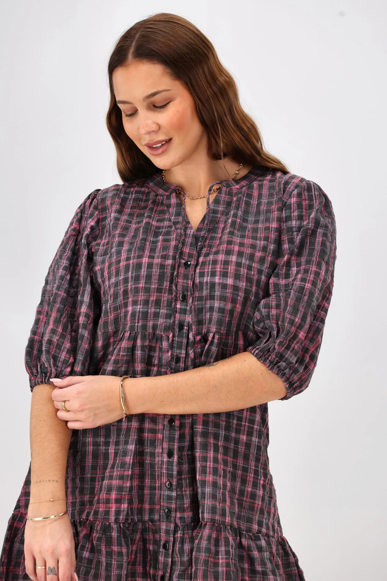 Shine On Label Evangeline Puff Sleeve Dress Black Check
