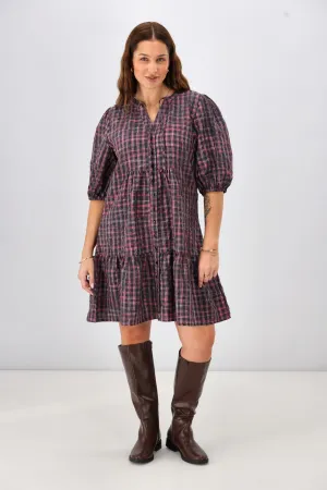 Shine On Label Evangeline Puff Sleeve Dress Black Check