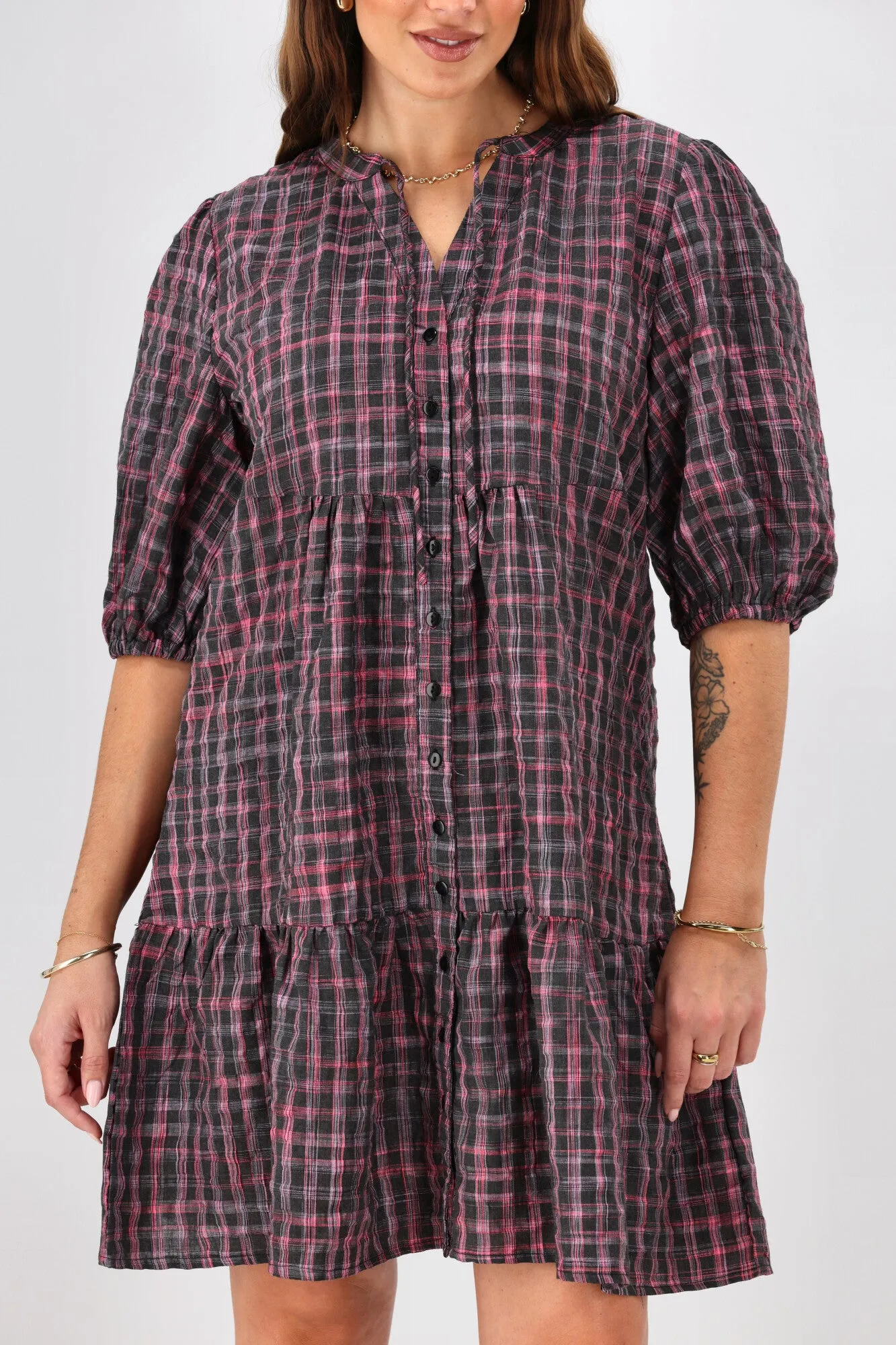 Shine On Label Evangeline Puff Sleeve Dress Black Check