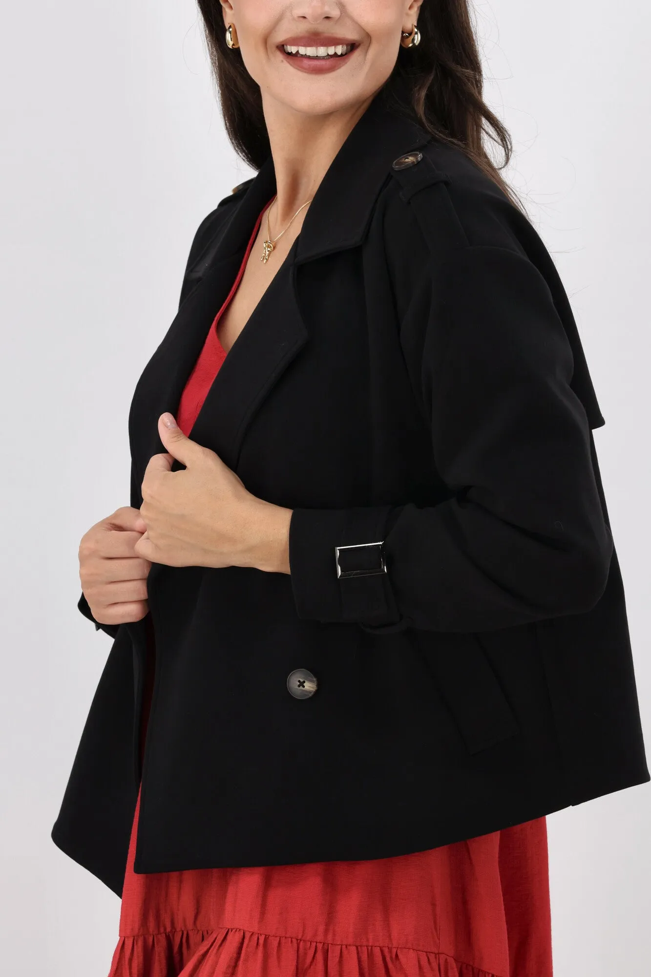 Shine On Label London Cropped Ponte Trench Black