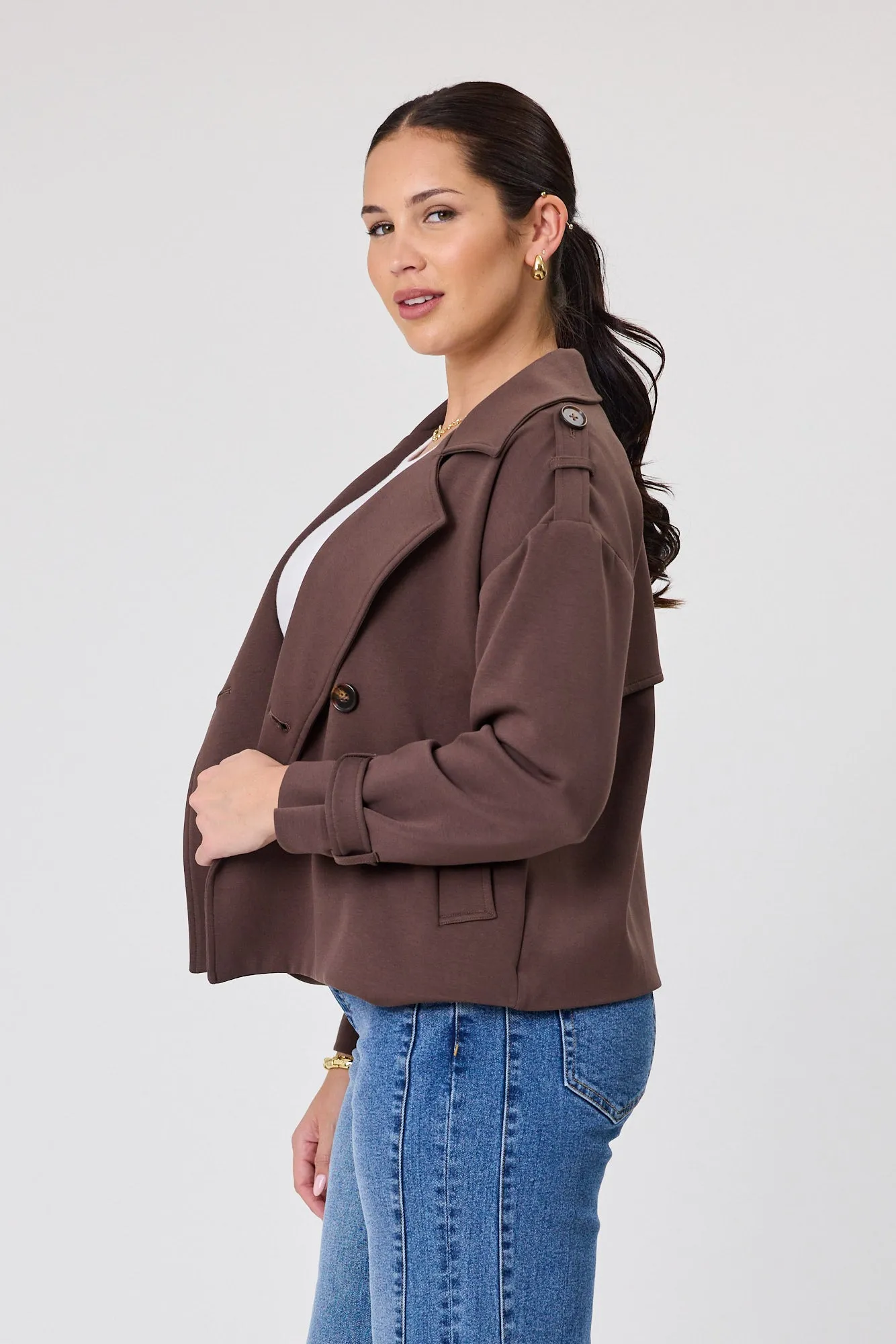 Shine On Label London Cropped Ponte Trench Chocolate