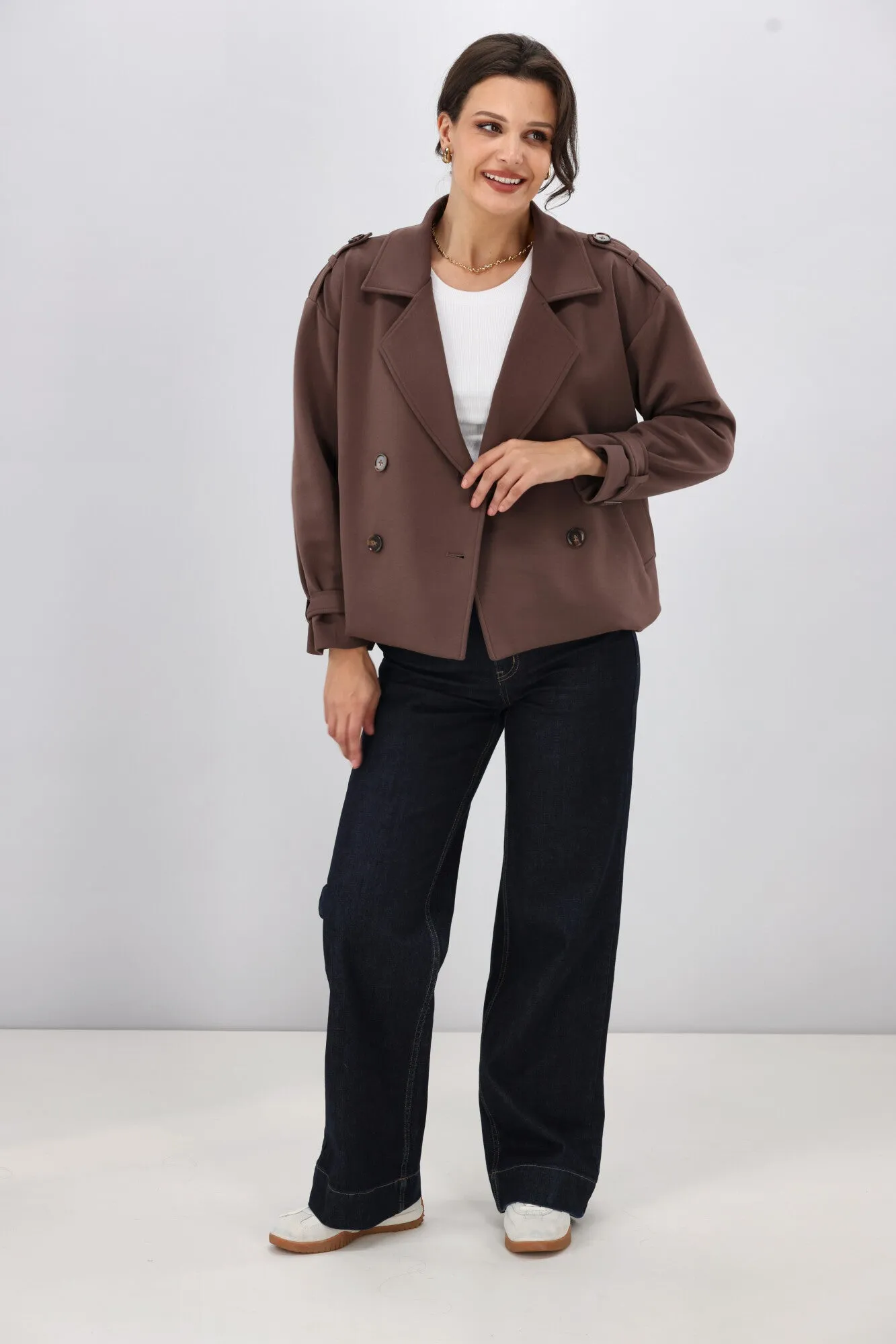 Shine On Label London Cropped Ponte Trench Chocolate