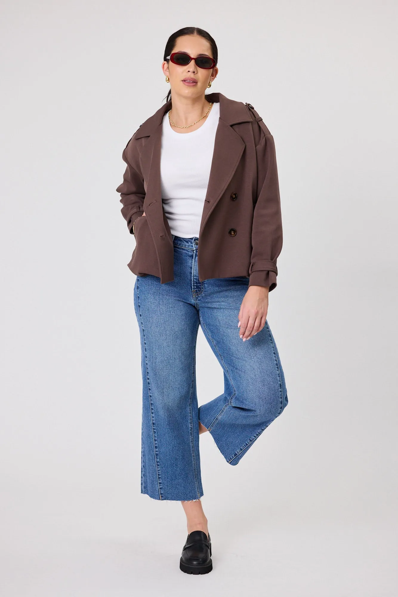 Shine On Label London Cropped Ponte Trench Chocolate
