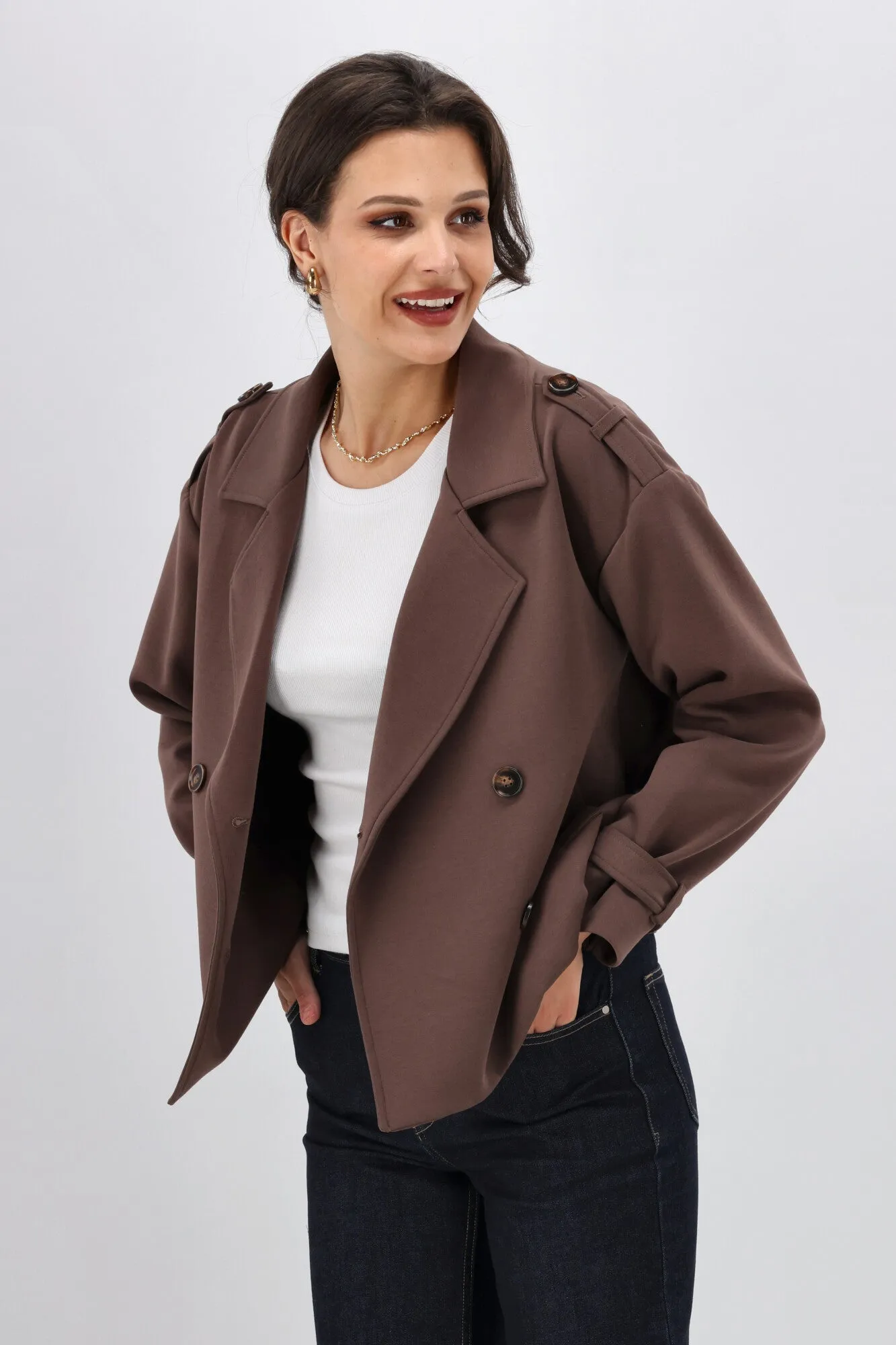 Shine On Label London Cropped Ponte Trench Chocolate
