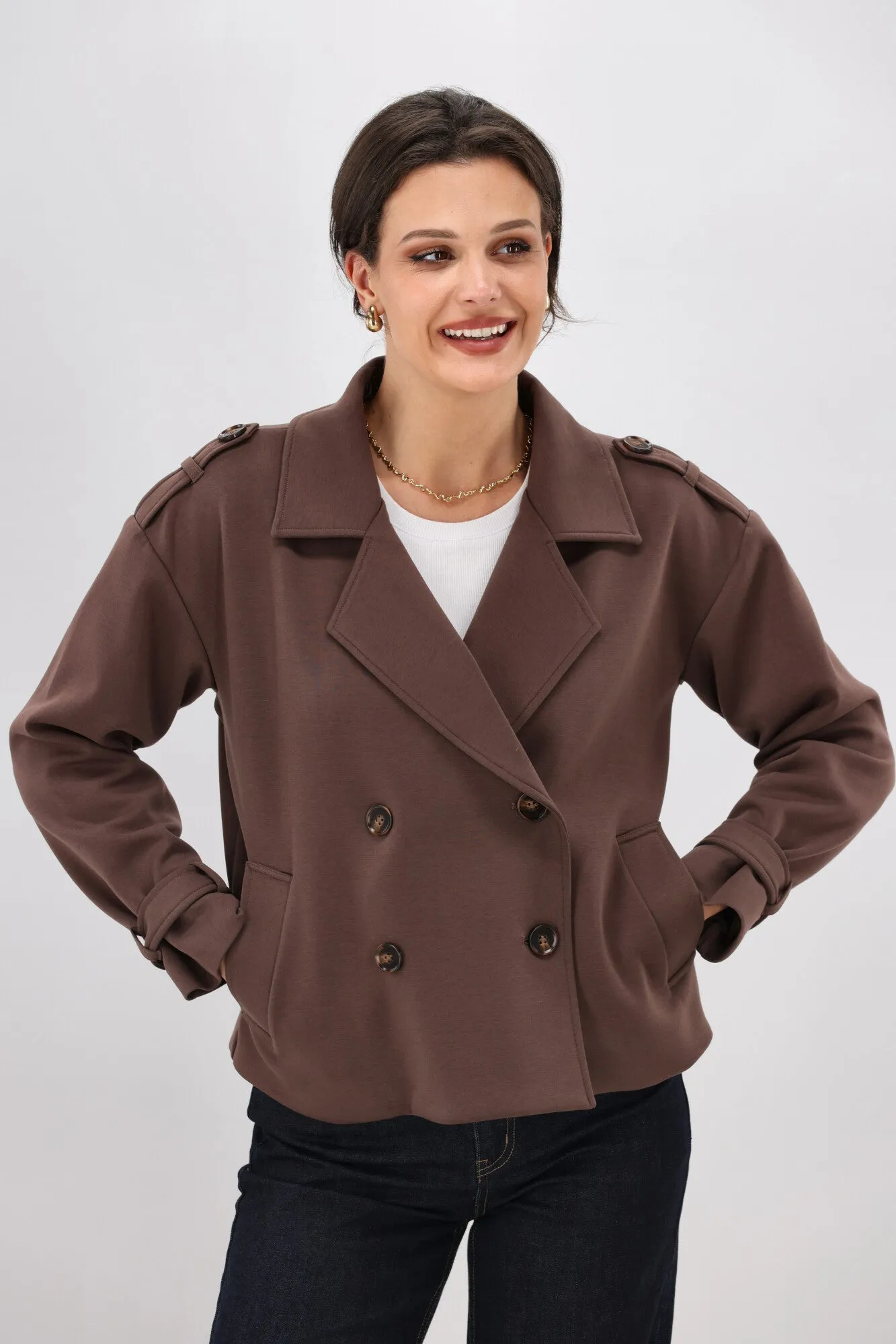 Shine On Label London Cropped Ponte Trench Chocolate