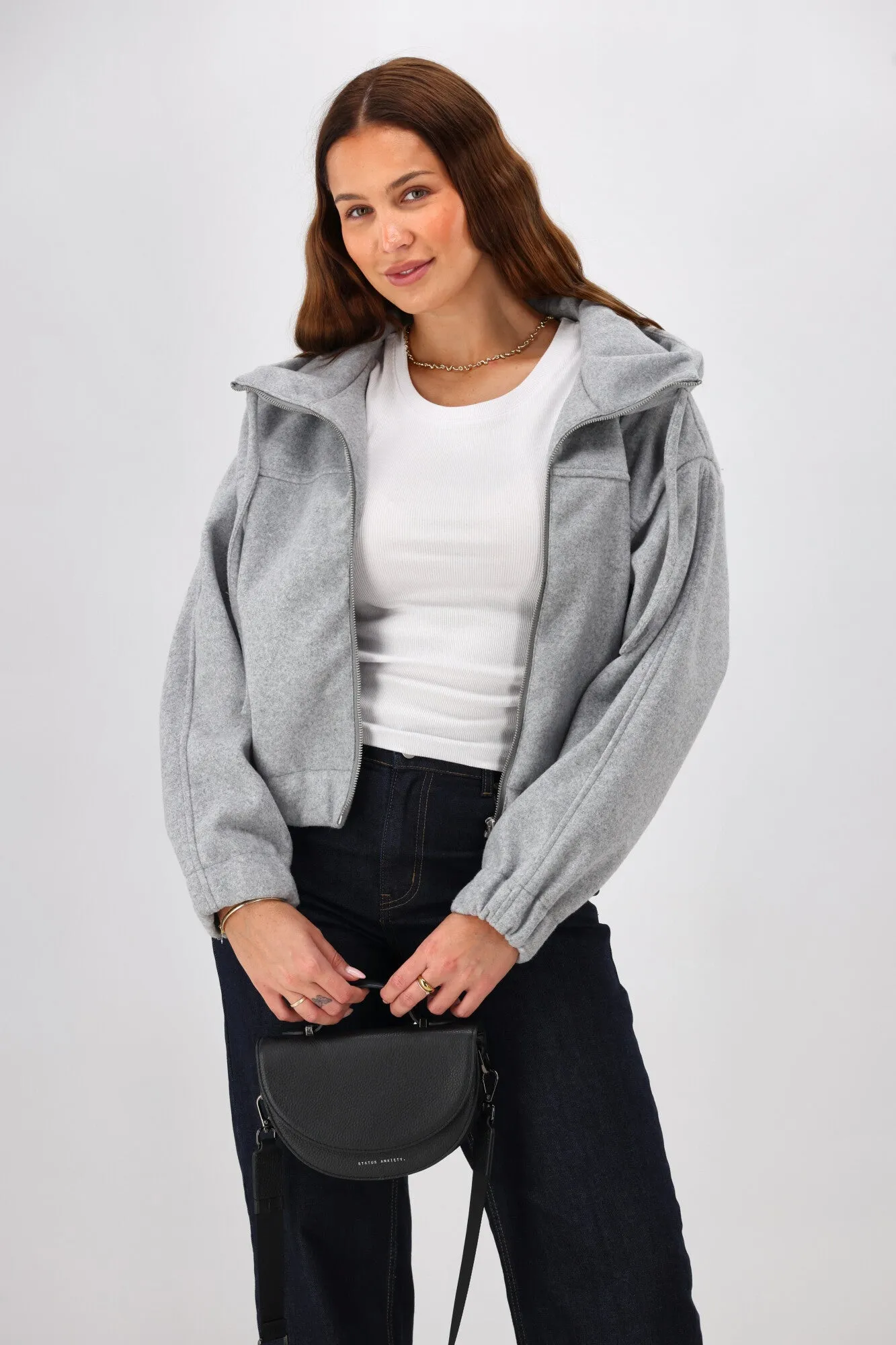 Shine On Label Metro Felt Hooded Bomber Jacket Grey Marl