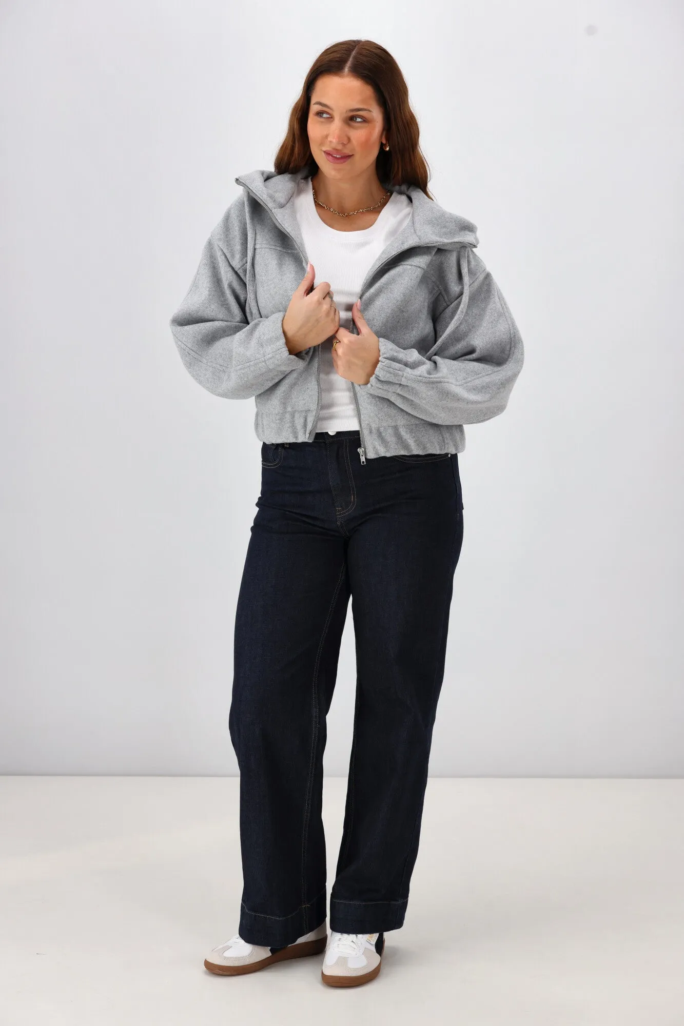 Shine On Label Metro Felt Hooded Bomber Jacket Grey Marl