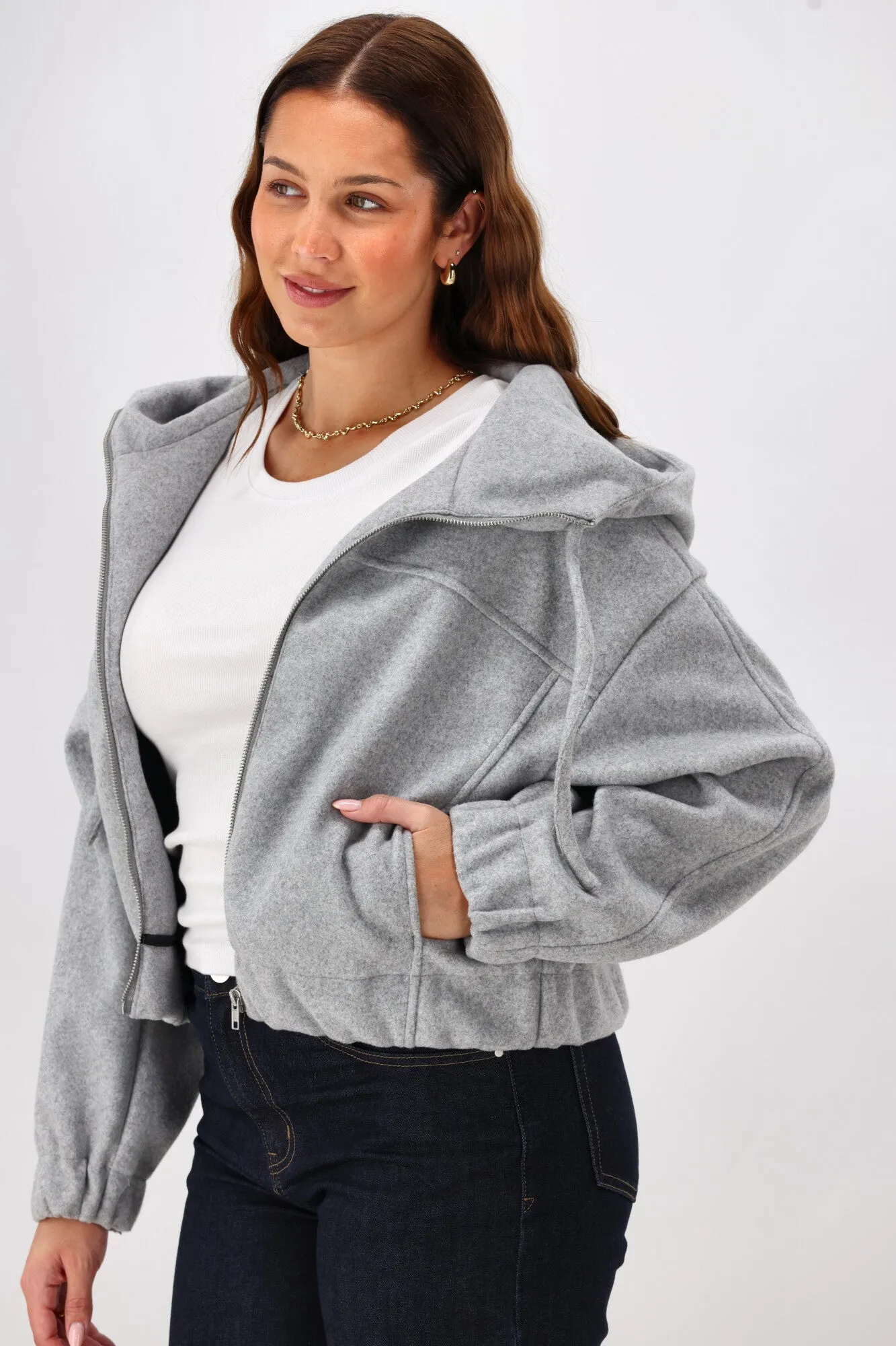 Shine On Label Metro Felt Hooded Bomber Jacket Grey Marl