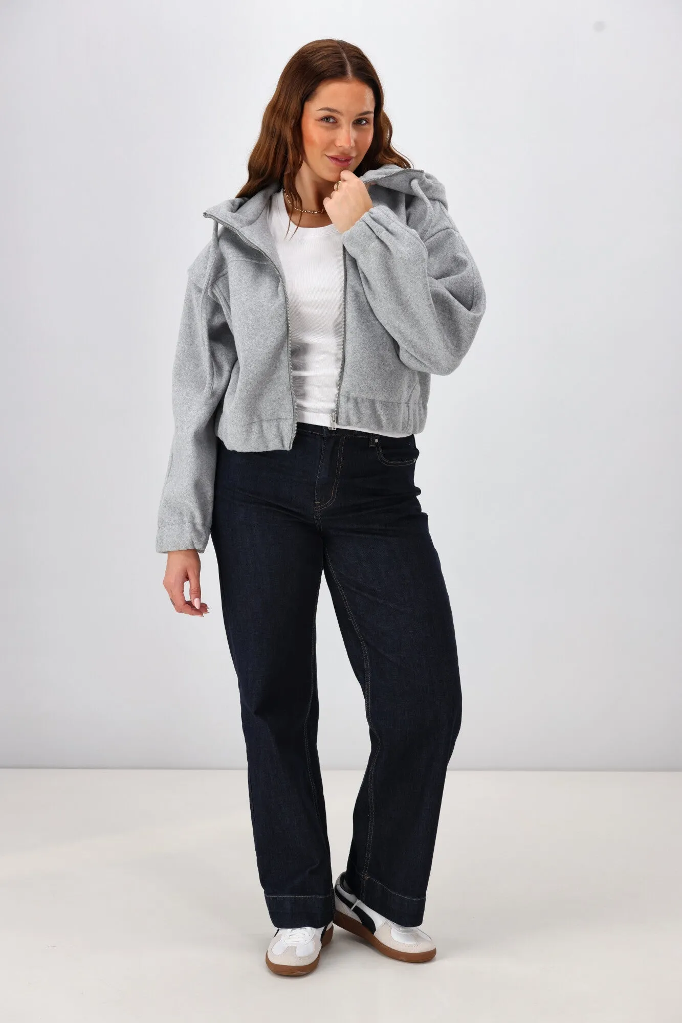 Shine On Label Metro Felt Hooded Bomber Jacket Grey Marl