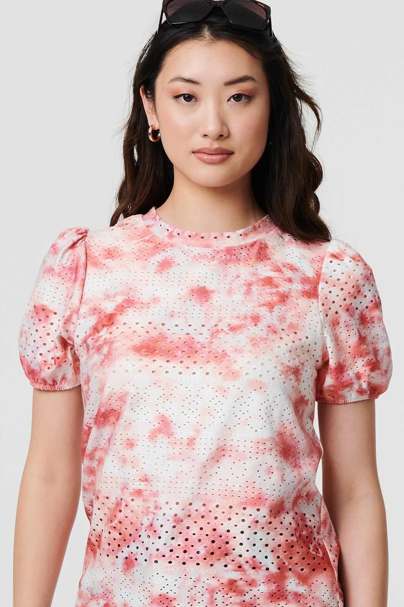 Tie Dye Cut Out Texture Short Sleeve Top
