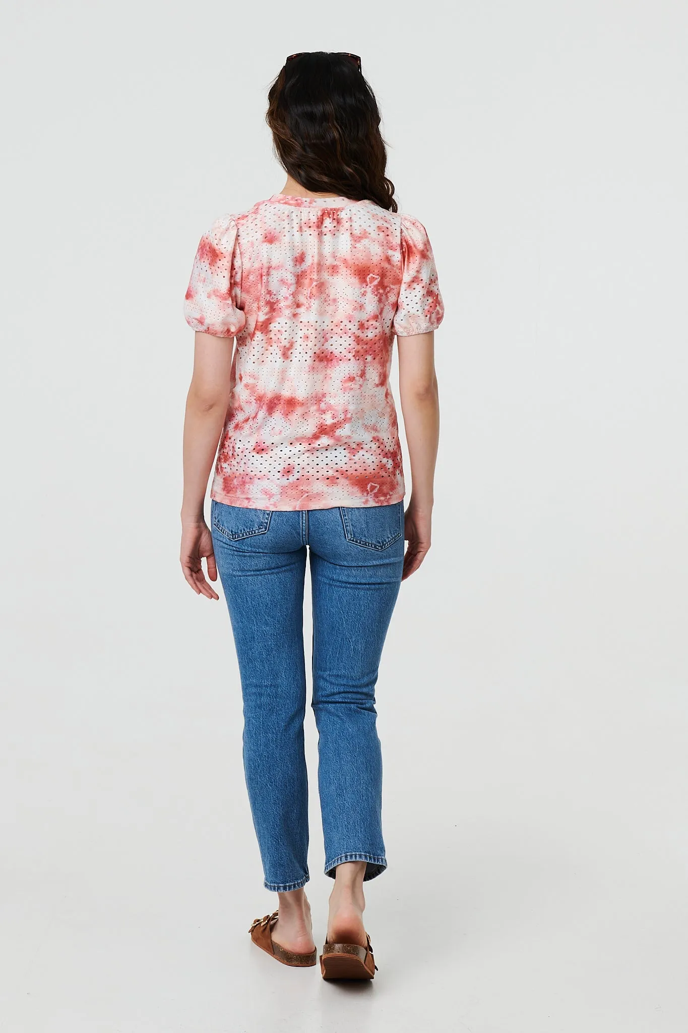 Tie Dye Cut Out Texture Short Sleeve Top