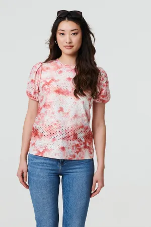 Tie Dye Cut Out Texture Short Sleeve Top
