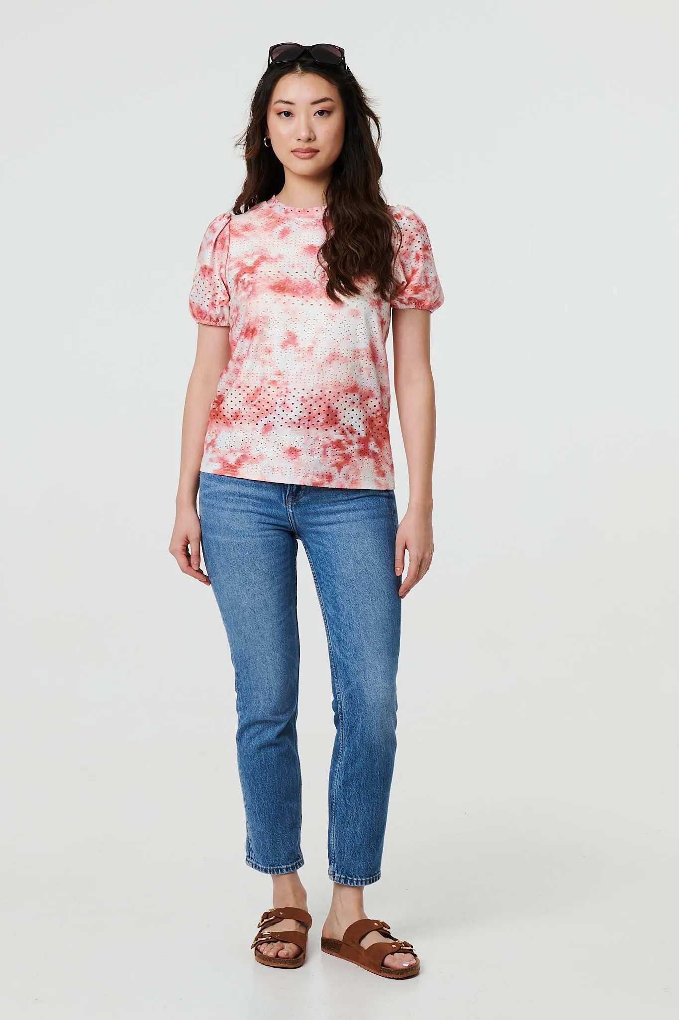 Tie Dye Cut Out Texture Short Sleeve Top