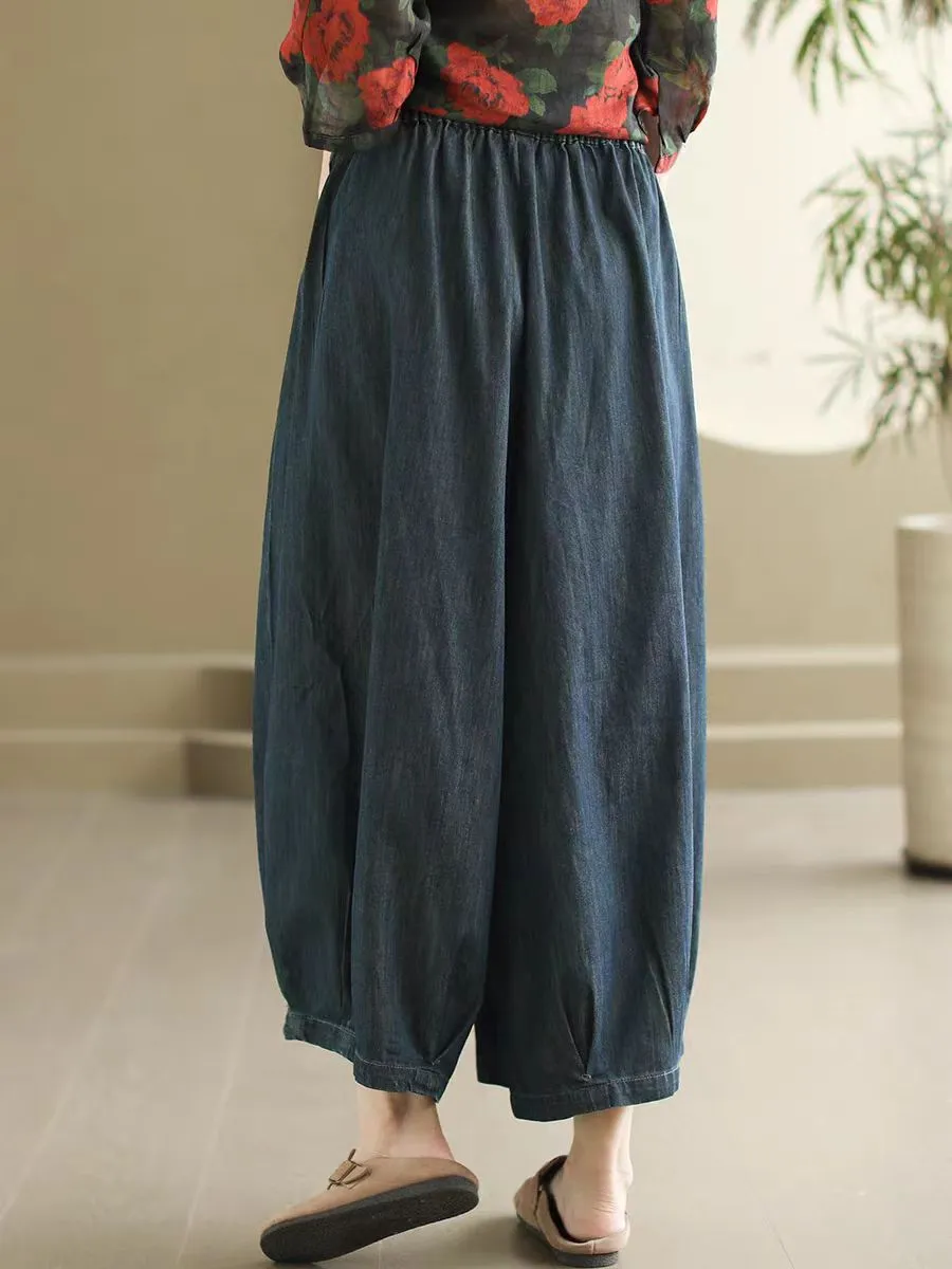 Women's Dark Blue Trendy Loose Retro Lace-Up Harem Jeans