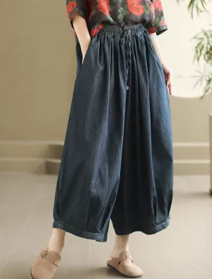 Women's Dark Blue Trendy Loose Retro Lace-Up Harem Jeans