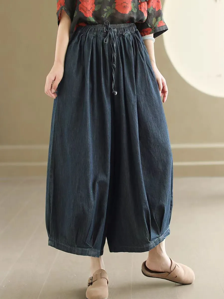 Women's Dark Blue Trendy Loose Retro Lace-Up Harem Jeans