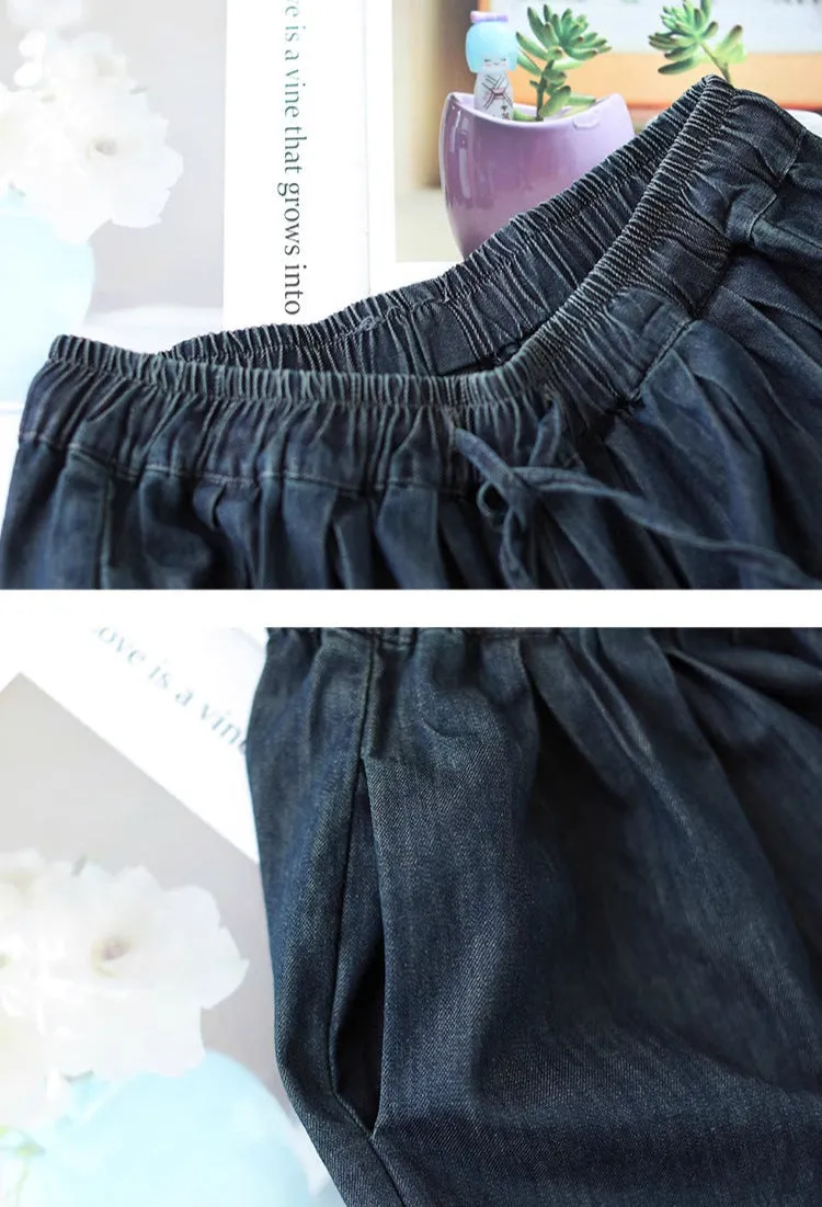 Women's Dark Blue Trendy Loose Retro Lace-Up Harem Jeans